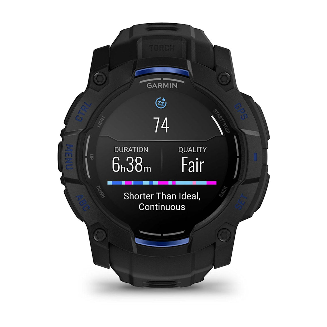 Garmin Instinct 3 AMOLED display showing topographic map navigation in bright colors