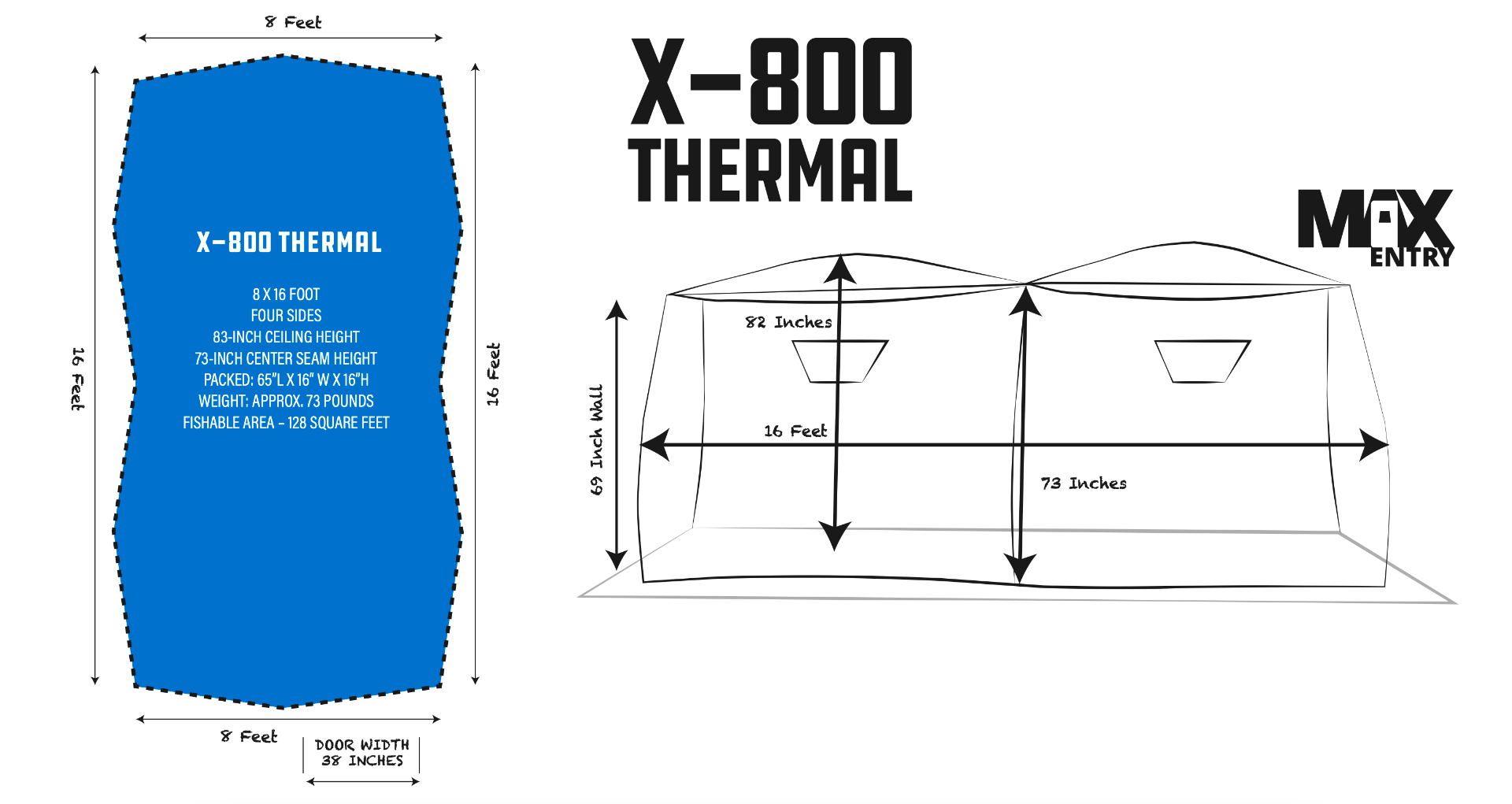 Clam X-800 Thermal Hub Shelter dimensions 8 x 16 feet with 82 inch center height