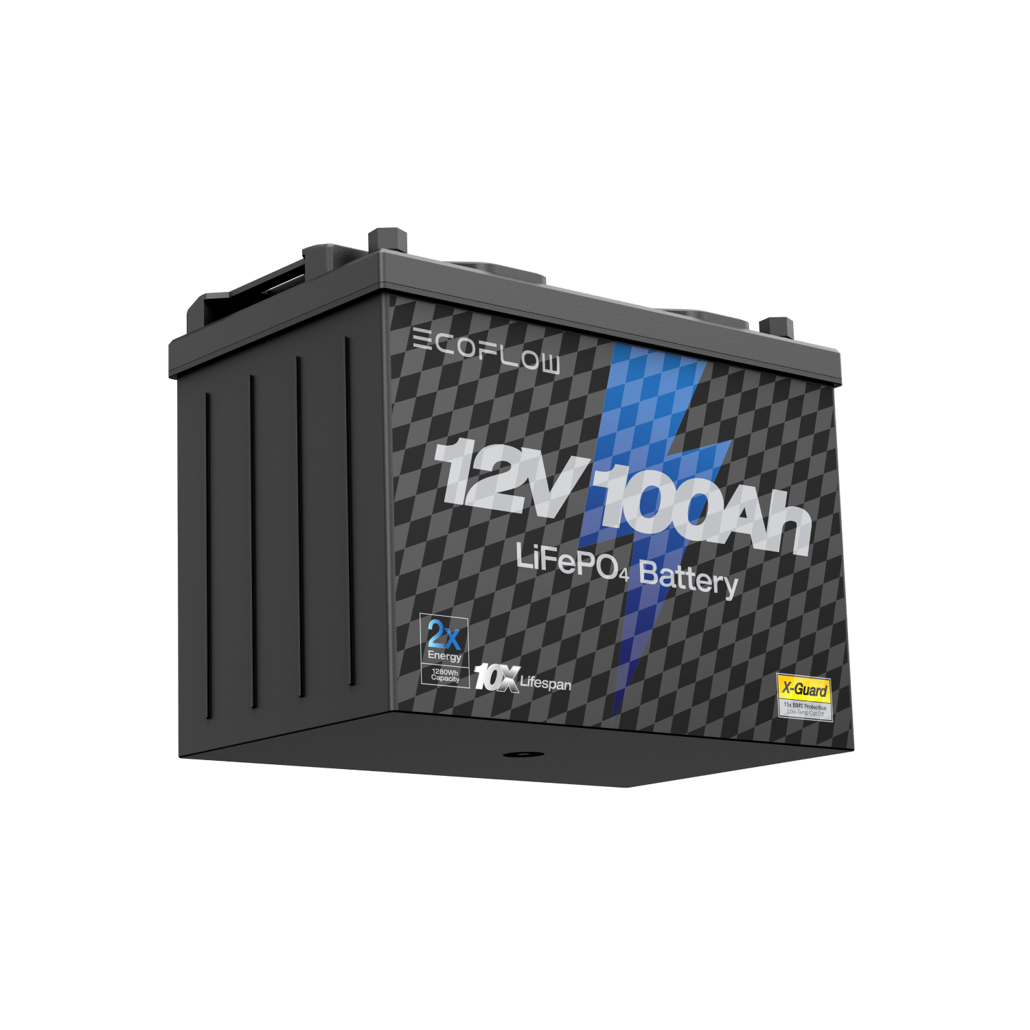 EcoFlow 12.8V 100Ah lithium battery featuring X-Guard BMS protection and UL-certified flame-retardant casing