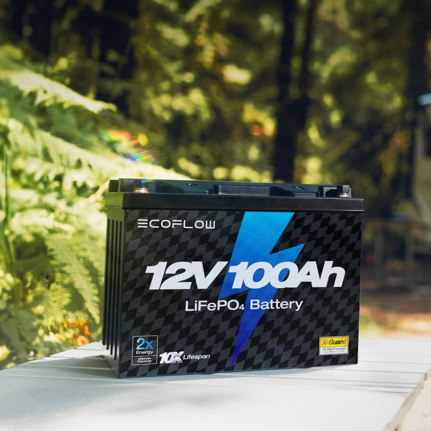 EcoFlow 12V lithium RV battery with 1280W continuous output and fast charging support from solar, generator, or grid power