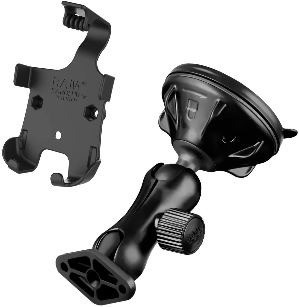 Black RAM mount with suction cup and adjustable arm on a white background