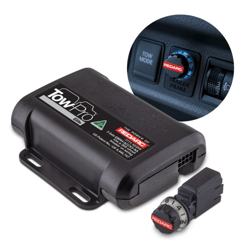 REDARC Tow-Pro Elite brake controller with control knob, wiring harness and switch insert