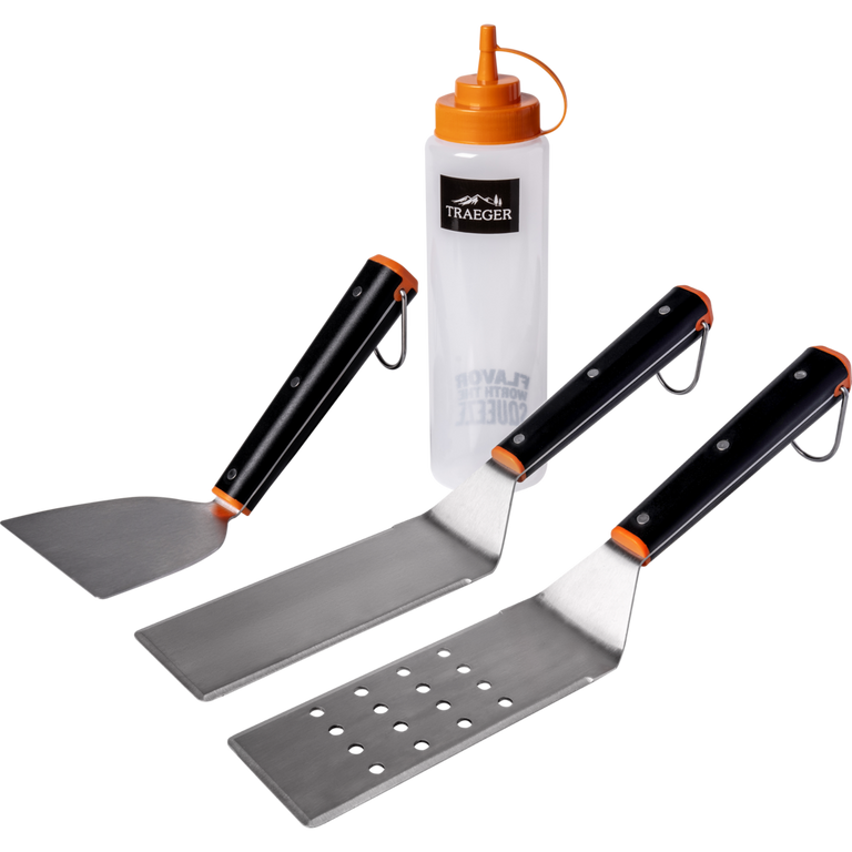 Traeger Flat Top Grill Tool Set Including Solid Spatula, Slotted Spatula, Scraper and Squeeze Bottle