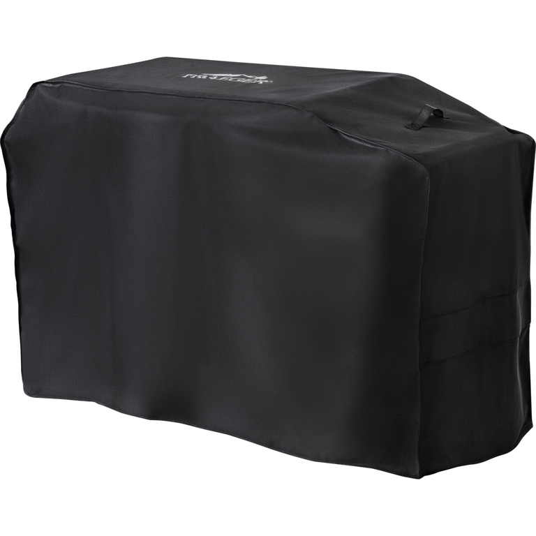 Black grill cover with a brand logo on a white background