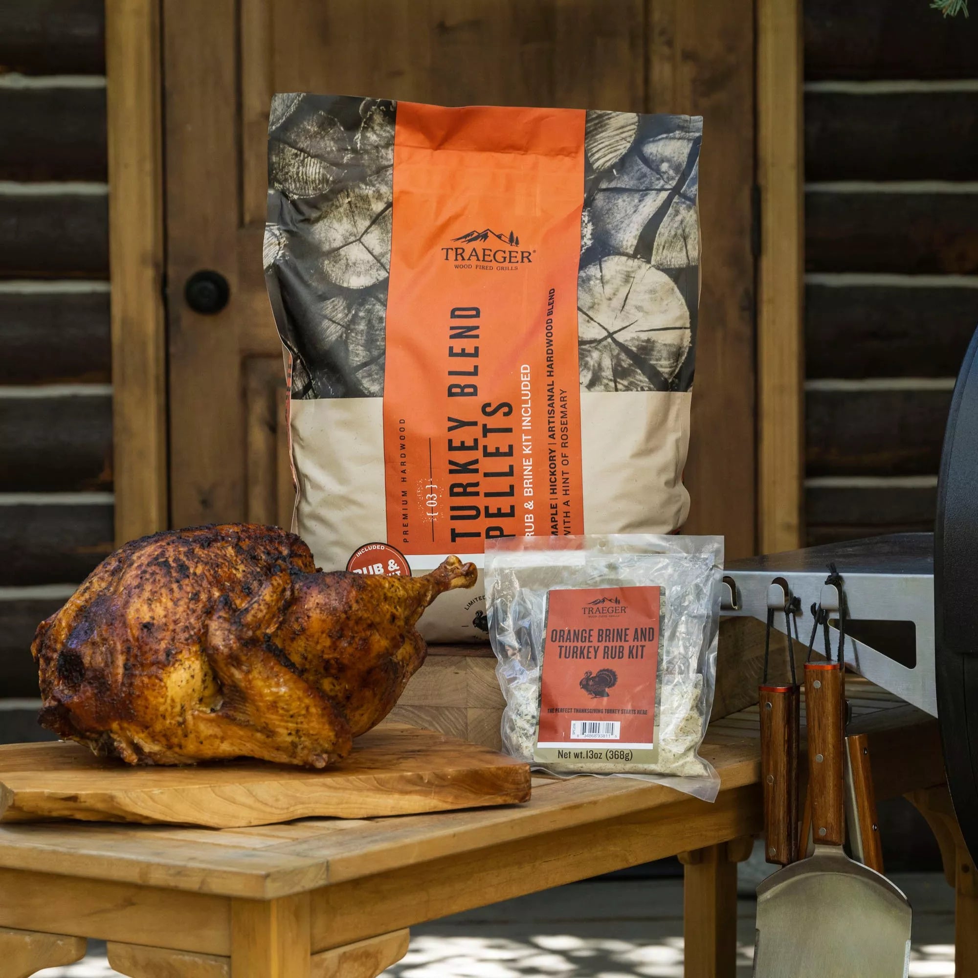 Traeger turkey blend pellets with included orange brine and turkey rub seasoning kit