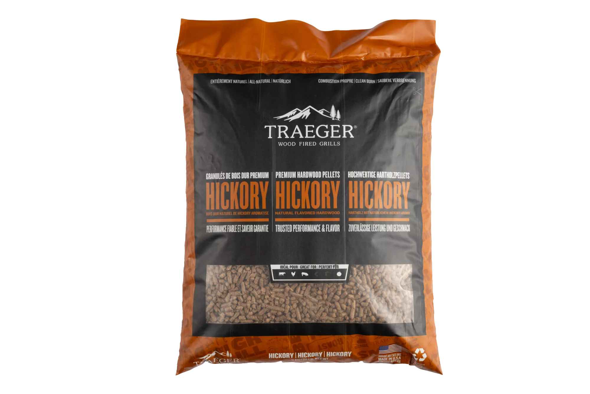 Traeger hickory wood pellets bold BBQ smoke flavor for beef pork and chicken