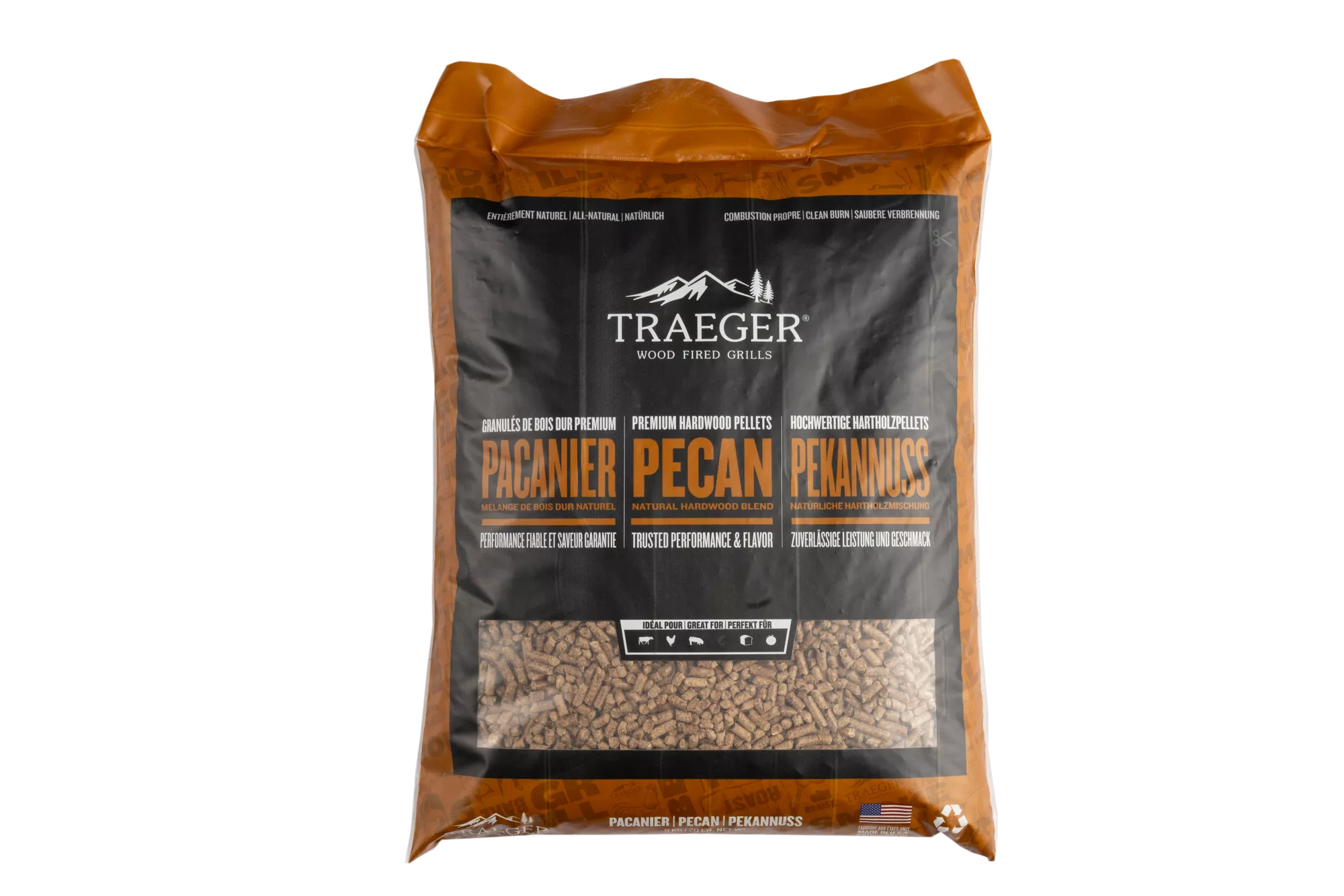 Traeger pecan wood pellets sweet and spicy BBQ smoke flavor hardwood fuel