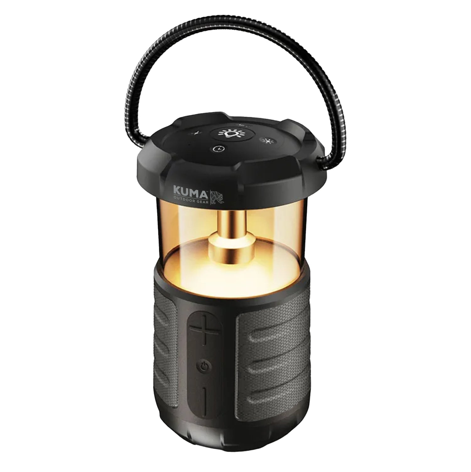 Close-up of the Trailmate Speaker Lantern showcasing its LED light in Cool mode, highlighting the even distribution of light. The light emanates from the top section of the lantern, with the durable casing and speaker grille clearly visible below.