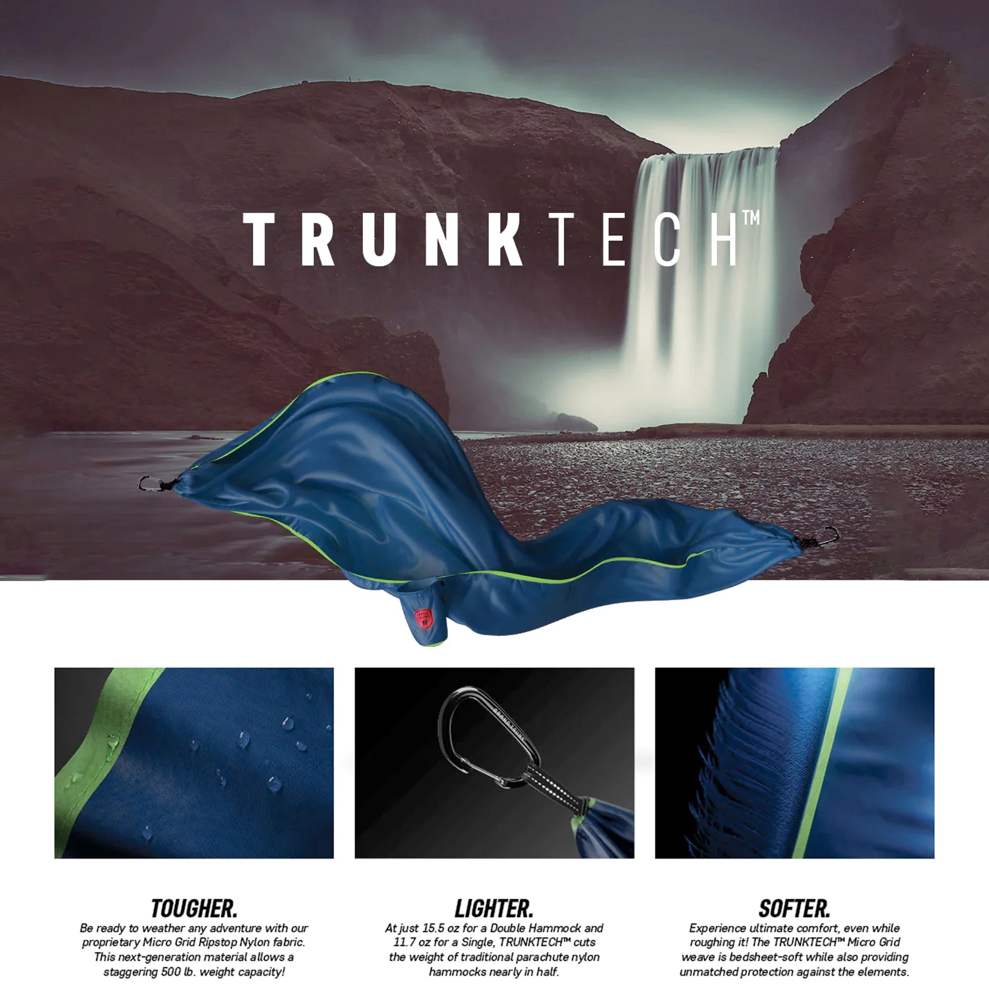 Premium TRUNKTECH hammock featuring strong yet lightweight 40D diamond ripstop nylon