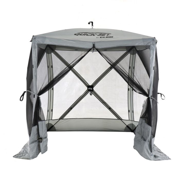 Clam Quick-Set Traveler canopy tent with ground stakes and tie-down ropes laid out