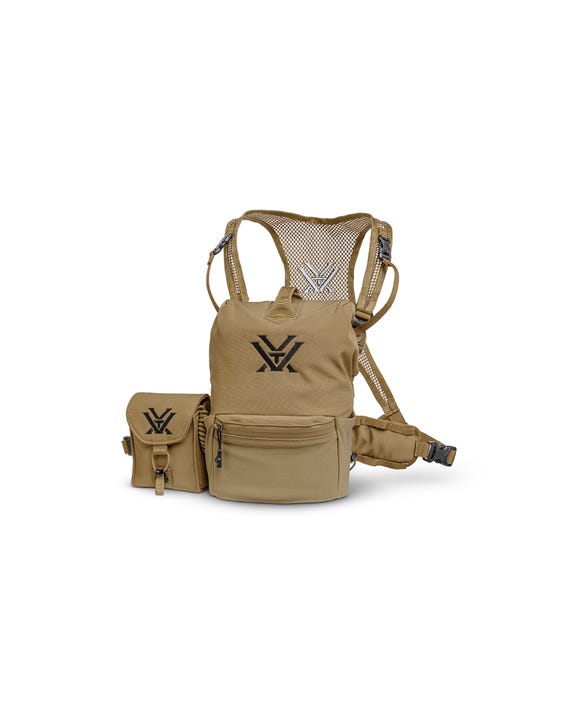 Tan tactical backpack with attached pouch on a white background