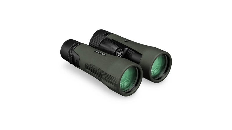 Side view of Vortex Diamondback HD 10x50 binoculars highlighting the open-hinge design, adjustable eyecups, and center focus wheel.