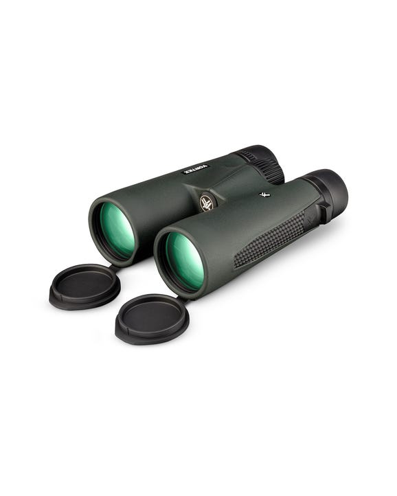 Triumph HD 12x50 binoculars with harness, neck strap, lens covers, and cleaning cloth