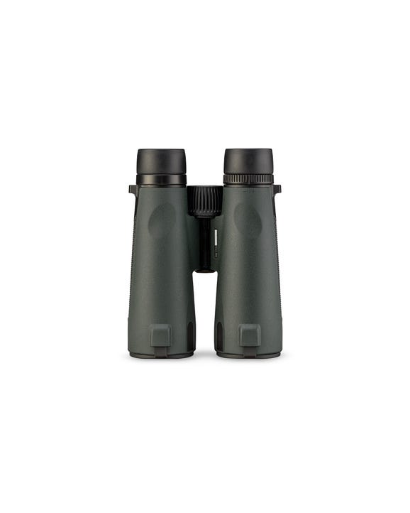 Close-up of Triumph HD 12x50 binoculars showing focus wheel and adjustable eyecups