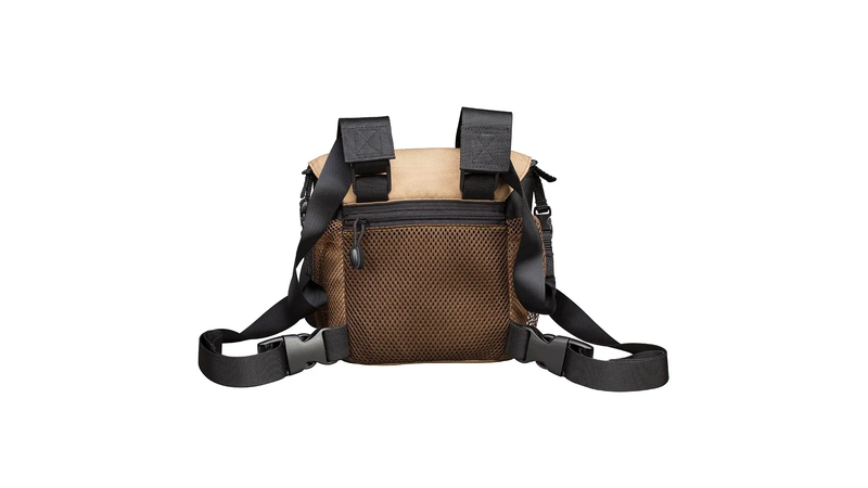 Binocular harness pack with adjustable fit and zippered rear storage pocket