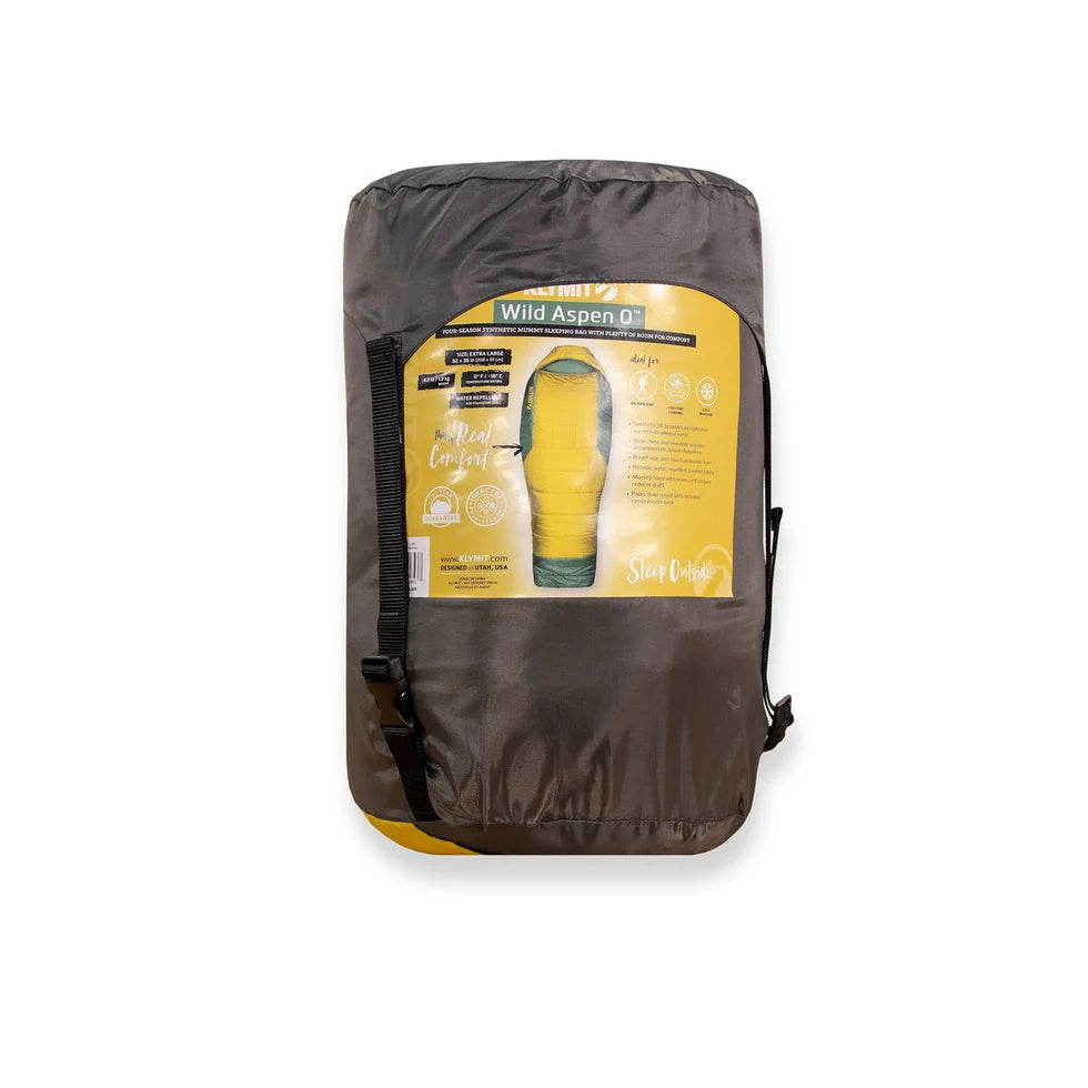 Wild Aspen 0 sleeping bag in a mummy-style design with a durable, water-resistant micro polyester shell. Fully extended to showcase its shape and insulation.