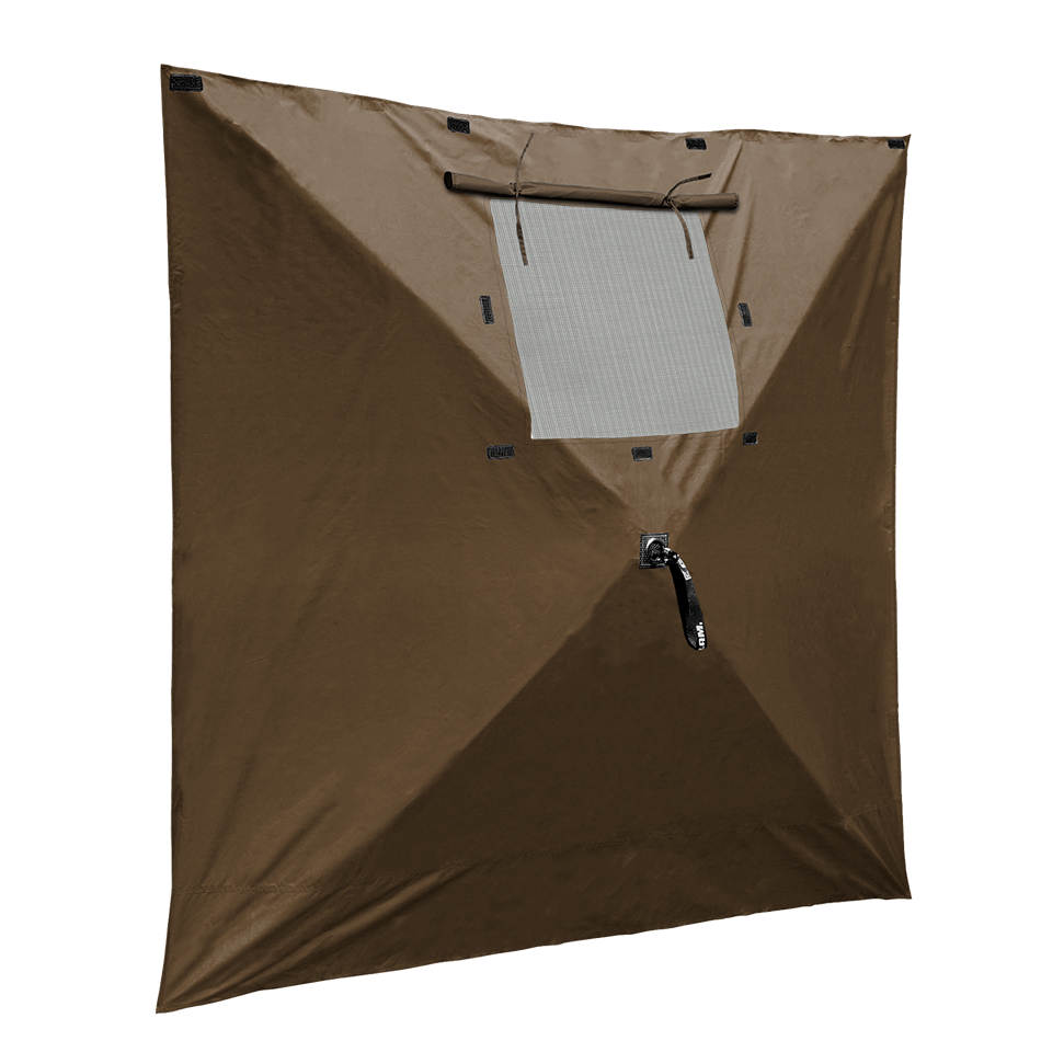 Detachable wind panels installed on Clam Quick-Set screen tent with mesh window