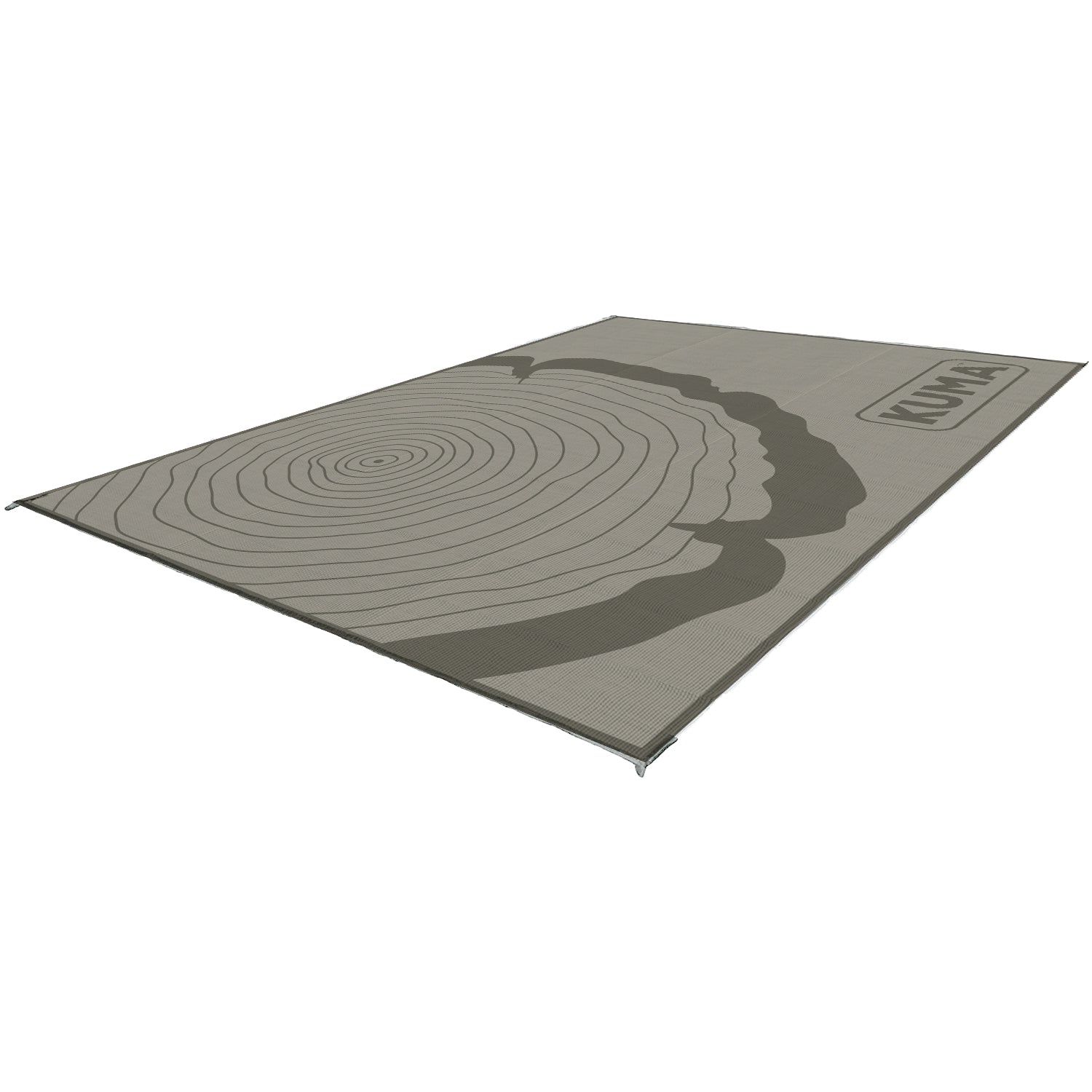 Wood chip patterned RV mat creating a cozy cabin-style outdoor space