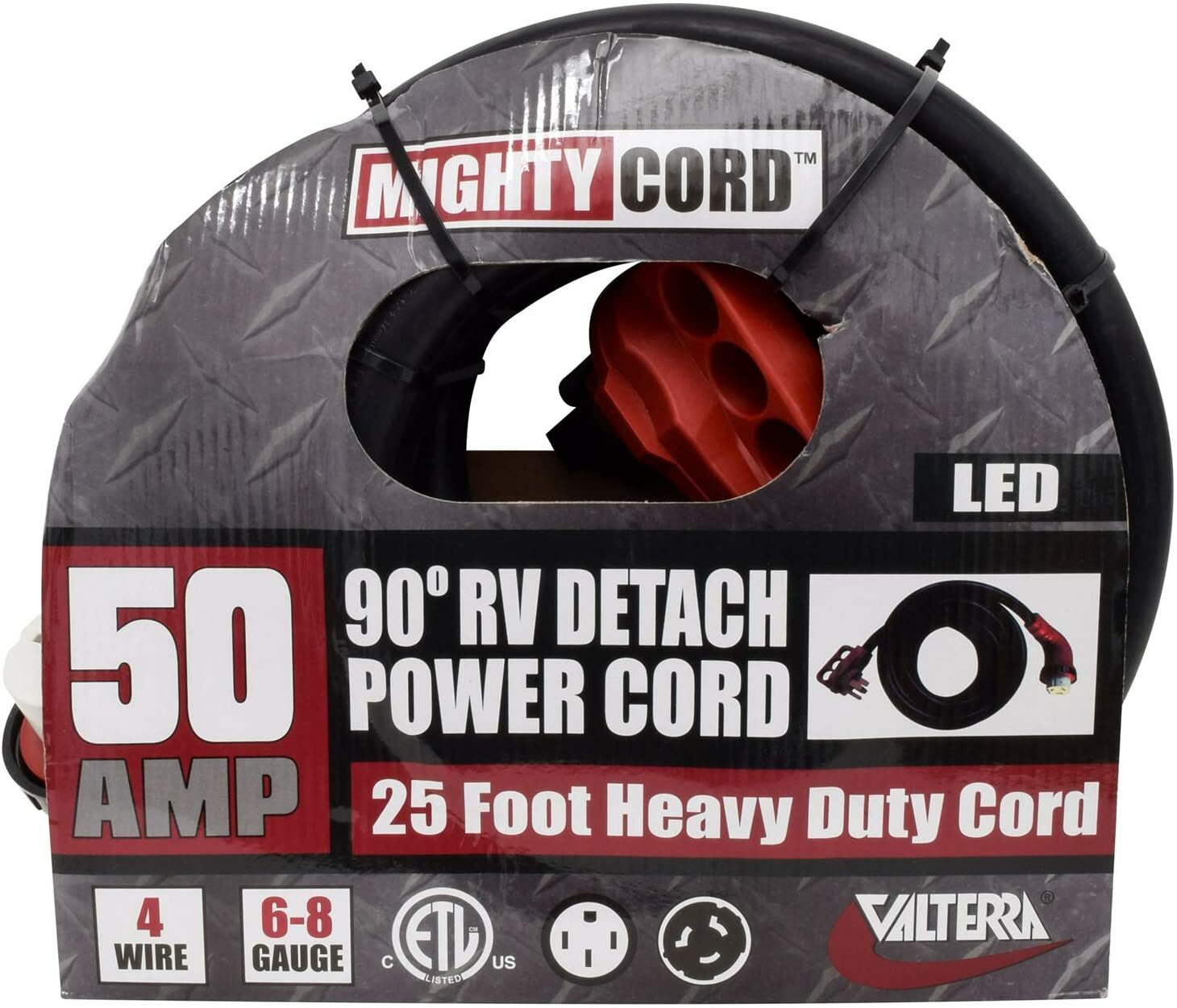Valterra Mighty Cord® RV Cable de alimentación desmontable de 50 amperios y 90 grados, cable de 25 pies para RV, rojo