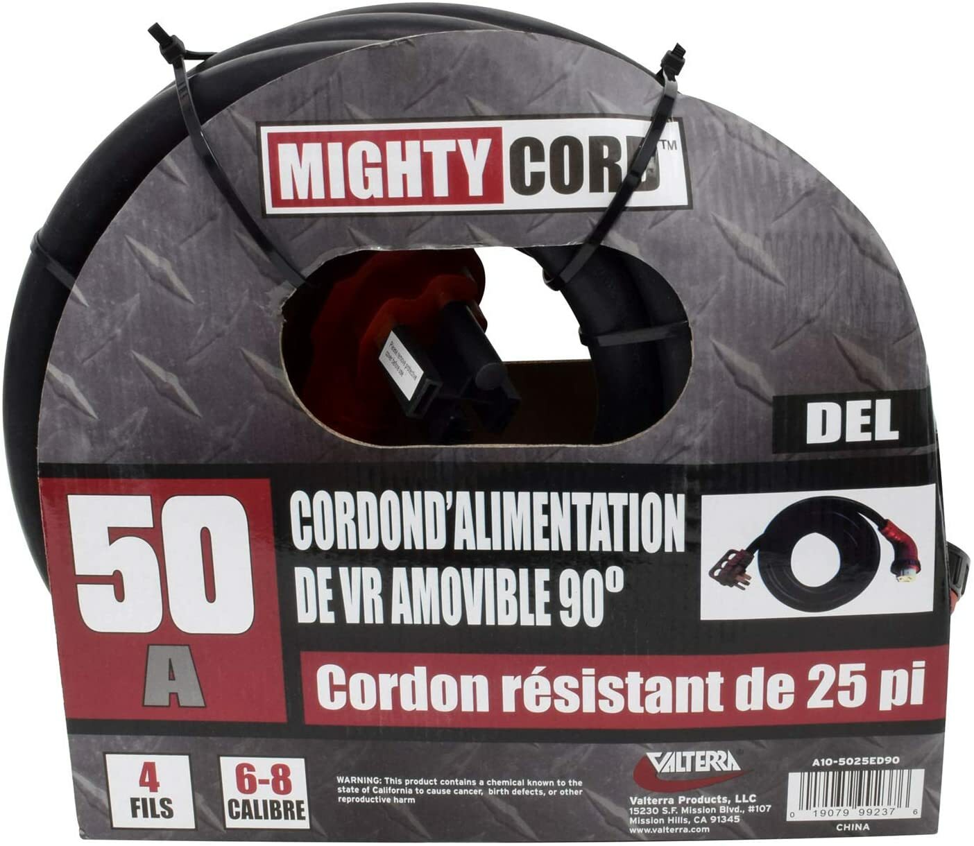 Valterra Mighty Cord® RV Cable de alimentación desmontable de 50 amperios y 90 grados, cable de 25 pies para RV, rojo