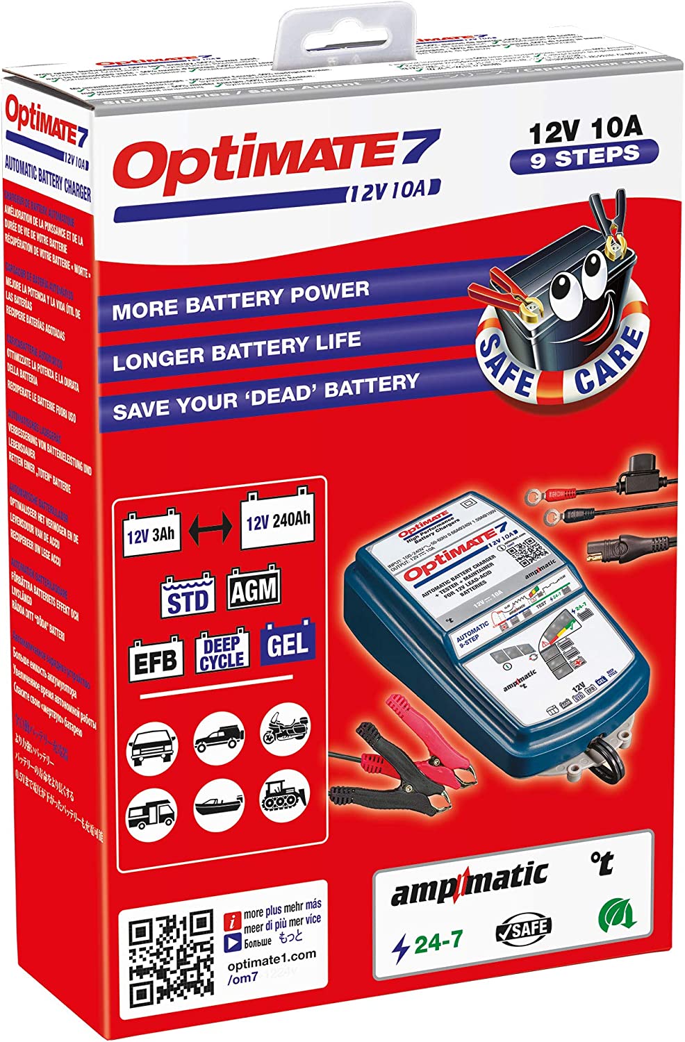 Tecmate Optimate 7 Ampmatic, TM-255v2, 9-Step 12V 10A Sealed Battery Saving Charger & maintainer