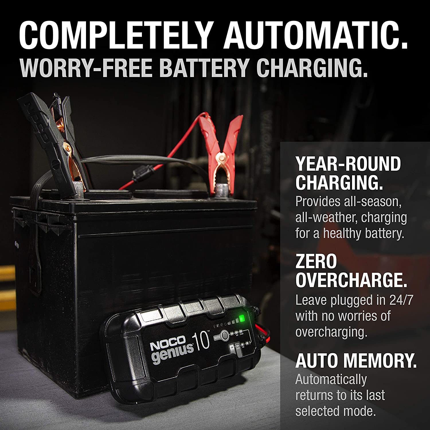 NOCO GENIUS10, 10-Amp Fully-Automatic Smart Charger, 6V And 12V Battery Charger, Battery Maintainer, Trickle Charger, And Battery Desulfator With Temperature Compensation