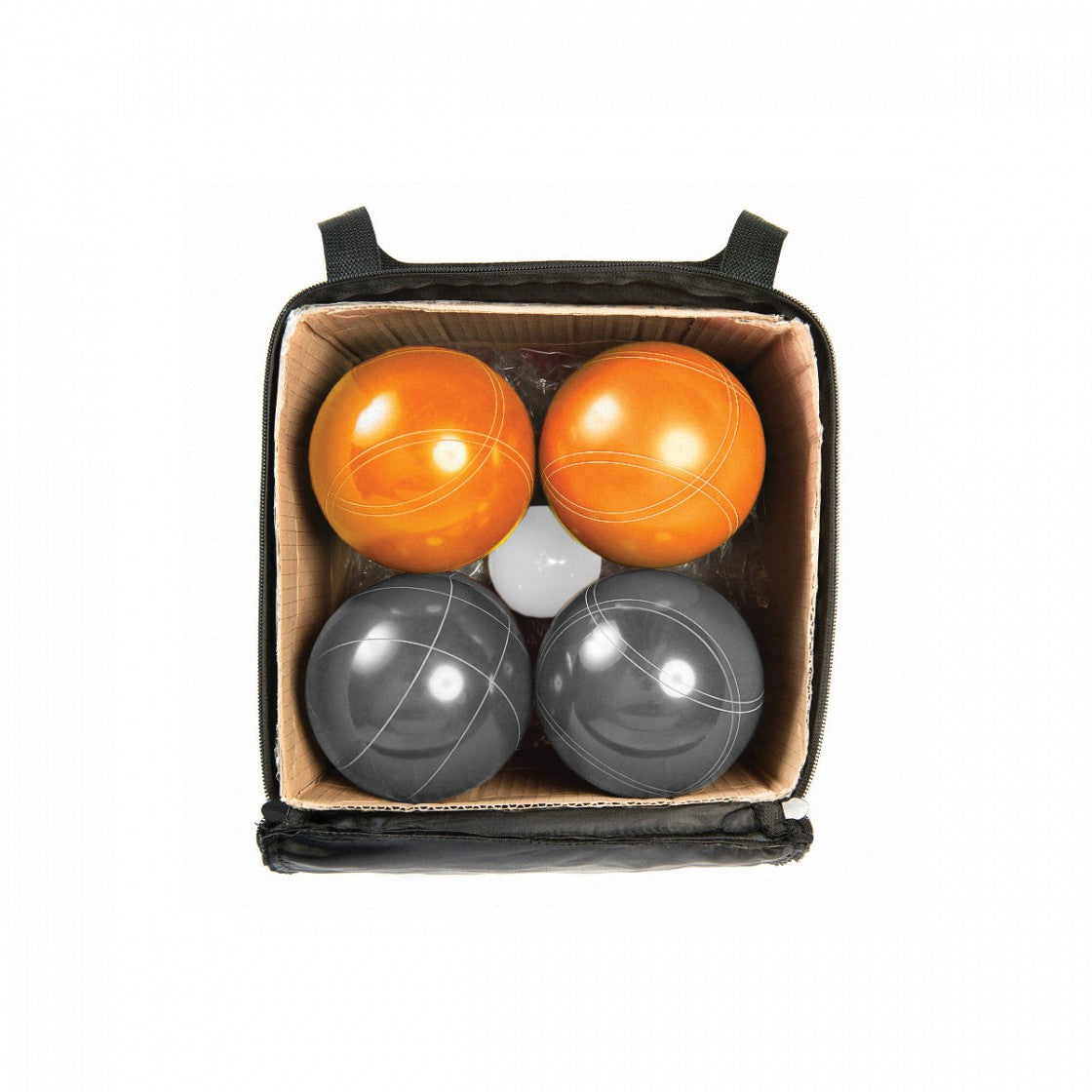 Red and grey Kuma bocce balls with white pallino for outdoor lawn games